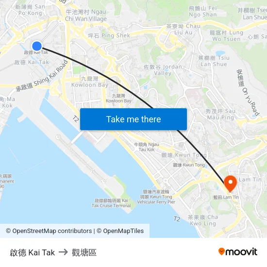 啟德 Kai Tak to 觀塘區 map