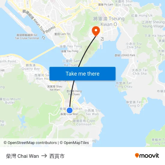 柴灣 Chai Wan to 西貢市 map
