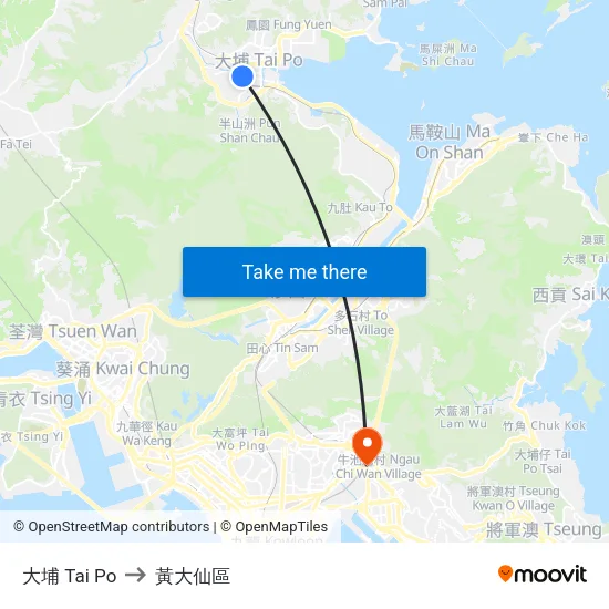 大埔 Tai Po to 黃大仙區 map