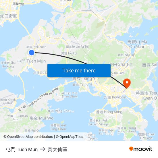 屯門 Tuen Mun to 黃大仙區 map