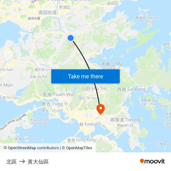 北區 to 黃大仙區 map