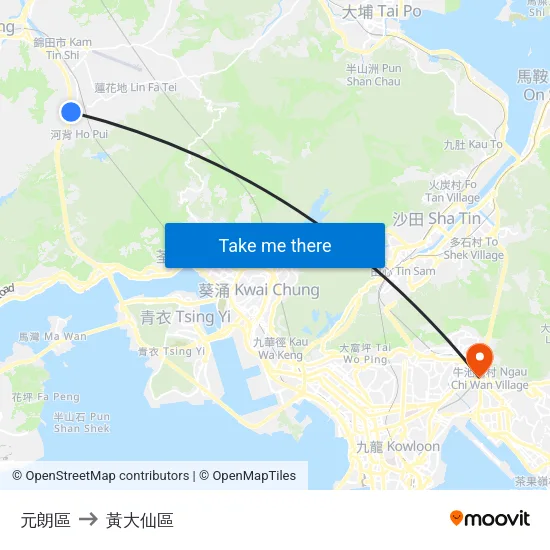 元朗區 to 黃大仙區 map