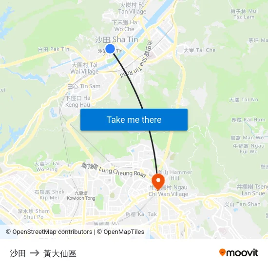 沙田 to 黃大仙區 map