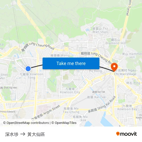深水埗 to 黃大仙區 map