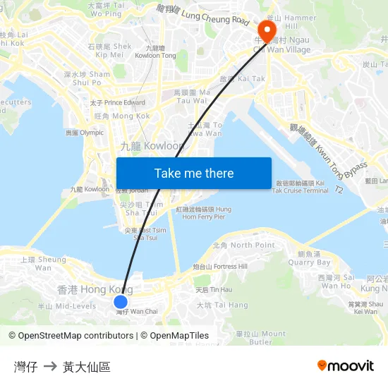 灣仔 to 黃大仙區 map