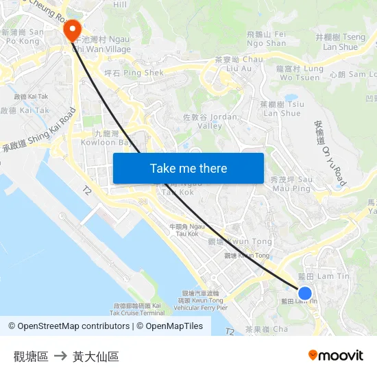 觀塘區 to 黃大仙區 map