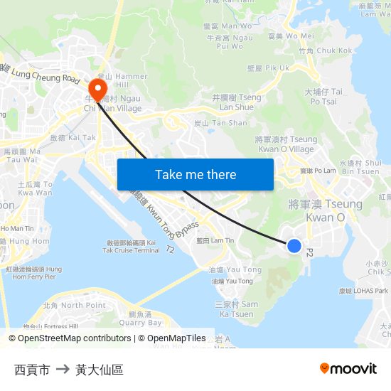 西貢市 to 黃大仙區 map