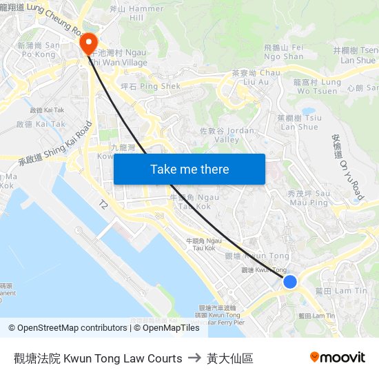 觀塘法院 Kwun Tong Law Courts to 黃大仙區 map