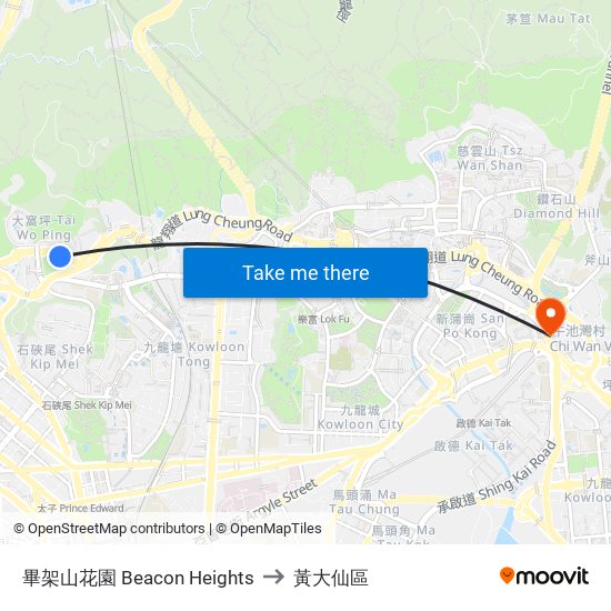 畢架山花園 Beacon Heights to 黃大仙區 map