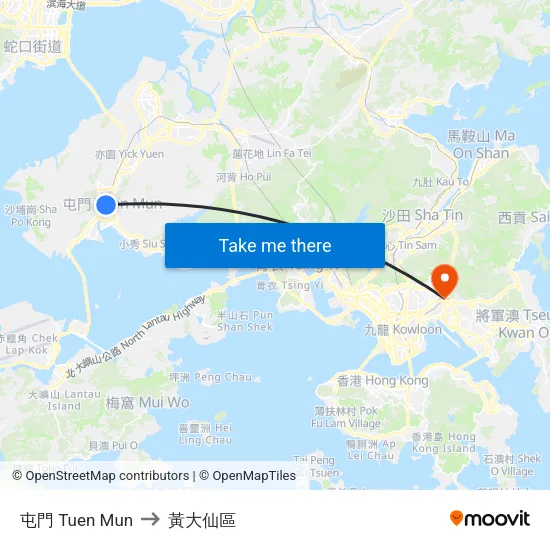 屯門 Tuen Mun to 黃大仙區 map
