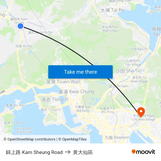 錦上路 Kam Sheung Road to 黃大仙區 map