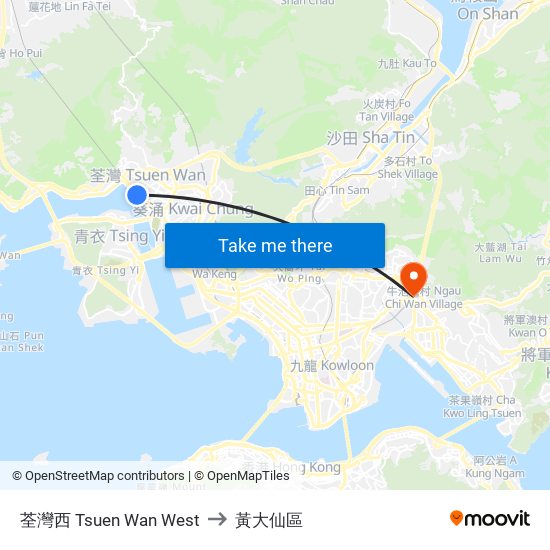 荃灣西 Tsuen Wan West to 黃大仙區 map