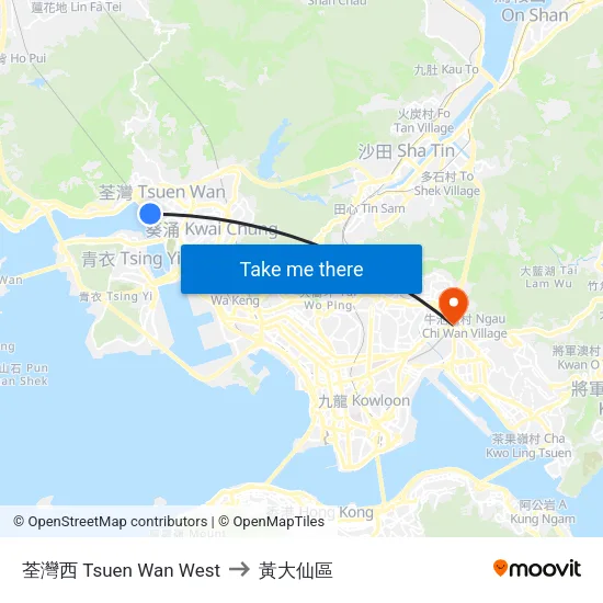 荃灣西 Tsuen Wan West to 黃大仙區 map