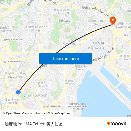 油麻地 Yau MA Tei to 黃大仙區 map