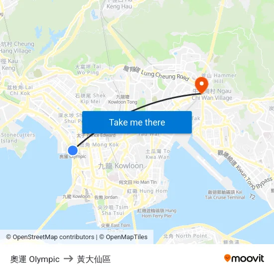奧運 Olympic to 黃大仙區 map
