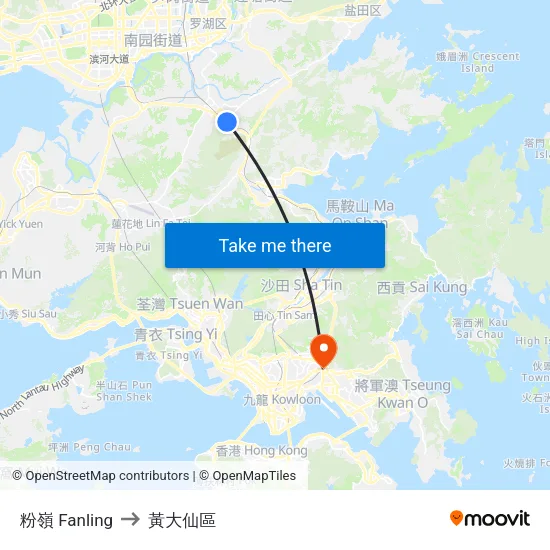 粉嶺 Fanling to 黃大仙區 map