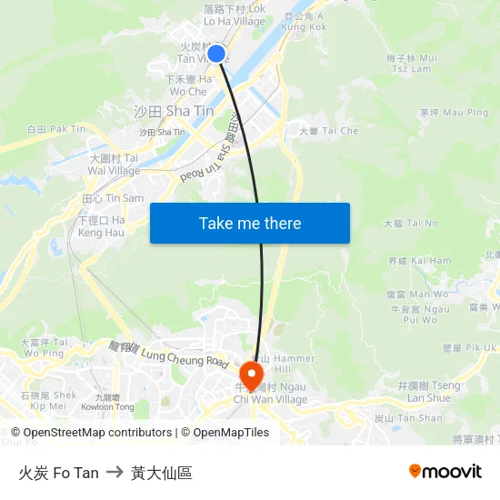 火炭 Fo Tan to 黃大仙區 map