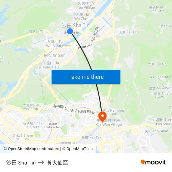 沙田 Sha Tin to 黃大仙區 map