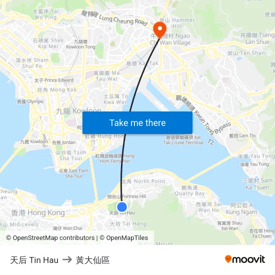 天后 Tin Hau to 黃大仙區 map