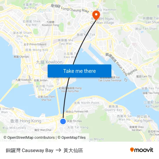 銅鑼灣 Causeway Bay to 黃大仙區 map