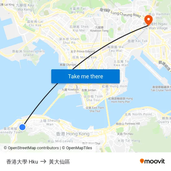 香港大學 Hku to 黃大仙區 map