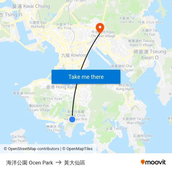 海洋公園 Ocen Park to 黃大仙區 map