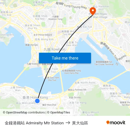 金鐘港鐵站 Admiralty Mtr Station to 黃大仙區 map
