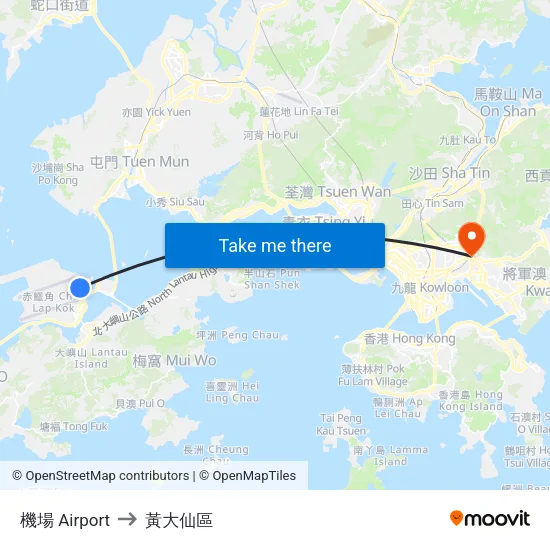 機場 Airport to 黃大仙區 map