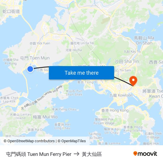 屯門碼頭 Tuen Mun Ferry Pier to 黃大仙區 map