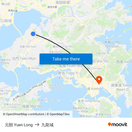 元朗 Yuen Long to 九龍城 map