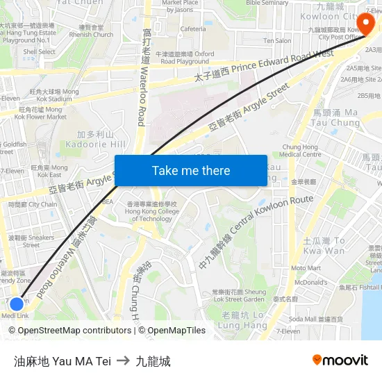 油麻地 Yau MA Tei to 九龍城 map