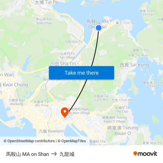 馬鞍山 MA on Shan to 九龍城 map