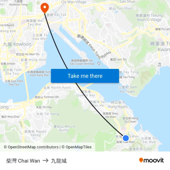 柴灣 Chai Wan to 九龍城 map