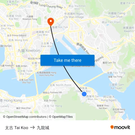 太古 Tai Koo to 九龍城 map