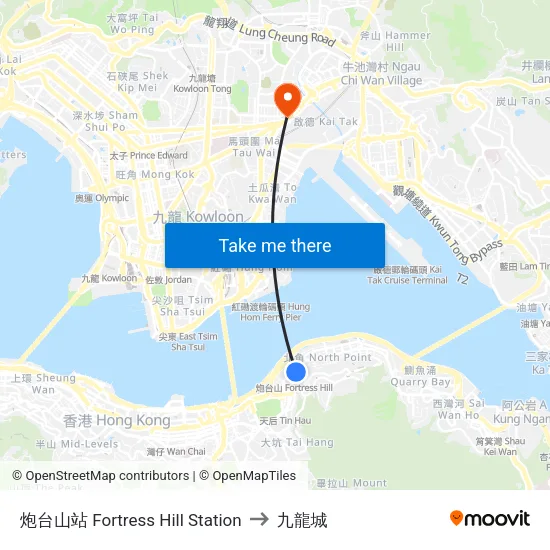 炮台山站 Fortress Hill Station to 九龍城 map