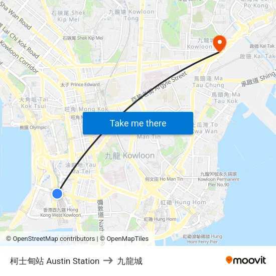 柯士甸站 Austin Station to 九龍城 map