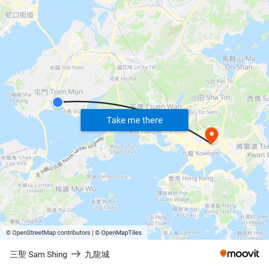 三聖 Sam Shing to 九龍城 map