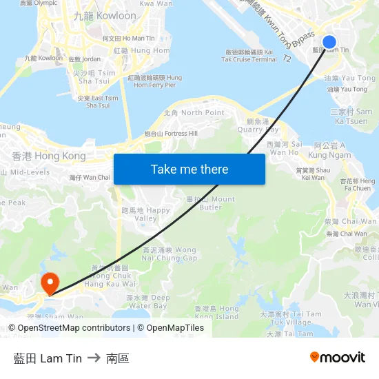藍田 Lam Tin to 南區 map