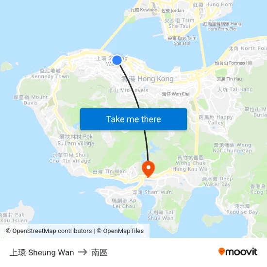 上環 Sheung Wan to 南區 map
