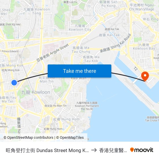 旺角登打士街 Dundas Street Mong Kok to 香港兒童醫院 map