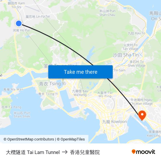 大欖隧道 Tai Lam Tunnel to 香港兒童醫院 map