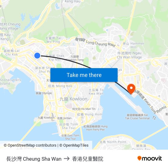 長沙灣 Cheung Sha Wan to 香港兒童醫院 map