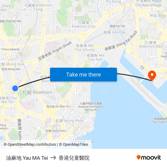 油麻地 Yau MA Tei to 香港兒童醫院 map