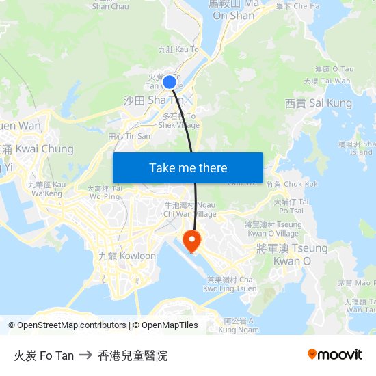 火炭 Fo Tan to 香港兒童醫院 map