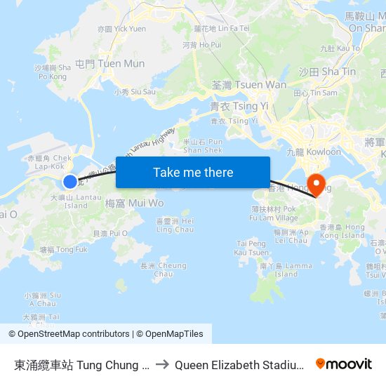 東涌纜車站 Tung Chung Cable Car Terminal to Queen Elizabeth Stadium (伊利沙伯體育館) map