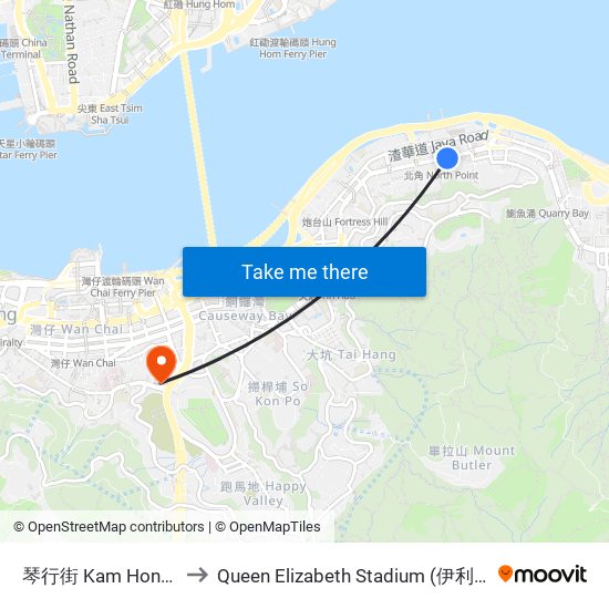 琴行街 Kam Hong Street to Queen Elizabeth Stadium (伊利沙伯體育館) map