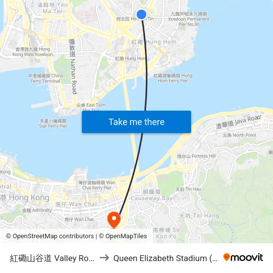 紅磡山谷道 Valley Road Hung Hom to Queen Elizabeth Stadium (伊利沙伯體育館) map