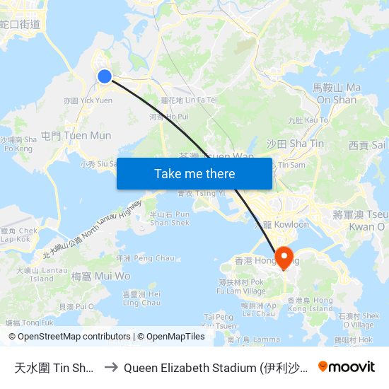 天水圍 Tin Shui Wai to Queen Elizabeth Stadium (伊利沙伯體育館) map