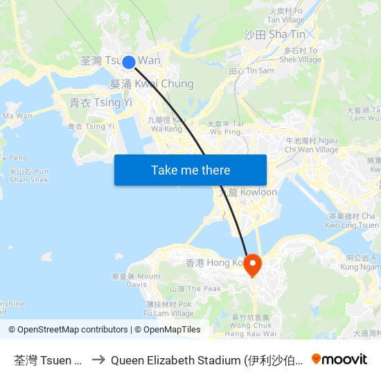 荃灣 Tsuen Wan to Queen Elizabeth Stadium (伊利沙伯體育館) map