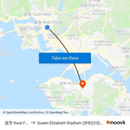 葵芳 Kwai Fong to Queen Elizabeth Stadium (伊利沙伯體育館) map